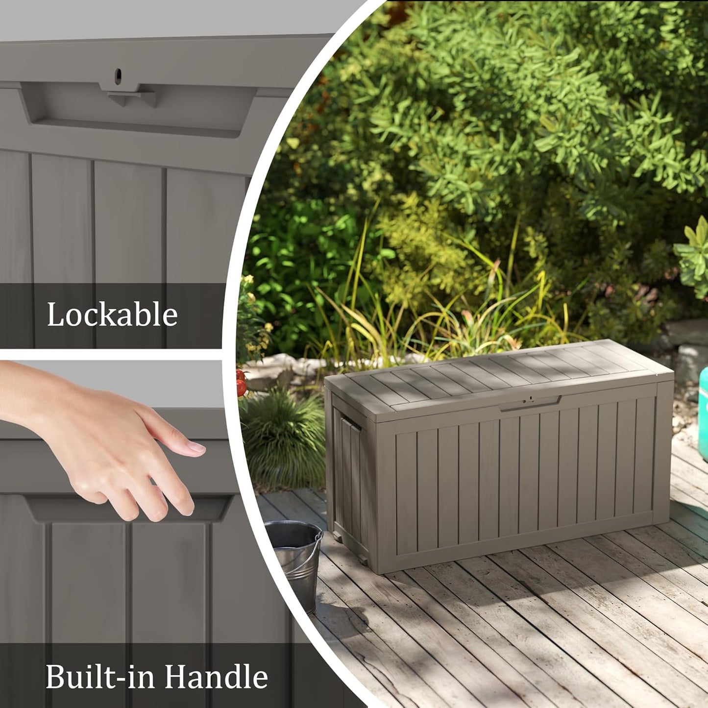 75 Gallon Deck Box, Resin Outdoor Indoor Waterproof Storage Box, Lockable Storage Box With Handle for Patio Furniture - Garden Tools - Swimming Pool Tools UV-Resistant, Brown