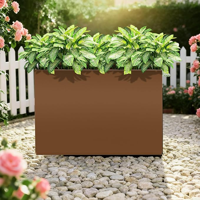 Tall Rectangular Planter Box, Metal Large Planters for Outdoor Plants, Flowers, with Drainage Holes (30" L x 12" W x 24" H, Brown)