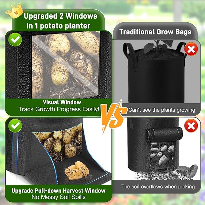 4 Pack Potato Grow Bags 15 Gallon with Harvest & Visible Window Thickened Garden Bags to Grow Vegetables with Handles & Metal Grommets for LST, Fabric Pots for Growing Carrots, Tomatoes, Onions