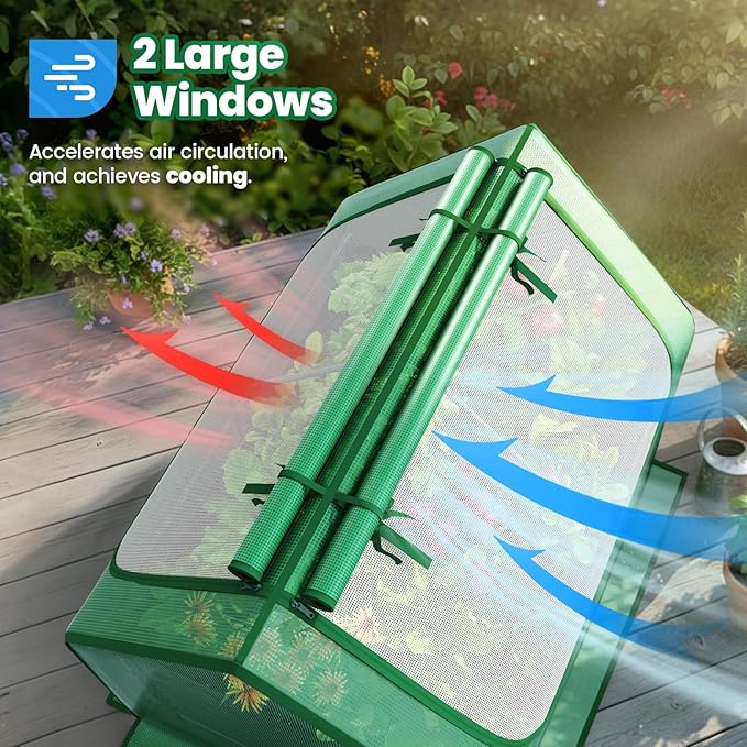 Quictent 4x3x2ft Galvanized Raised Garden Bed with Cover Metal Planter Box Kit, w/ 2 Large Screen Windows Mini Greenhouse 20pcs T Tags 1 Pair of Gloves Included Outdoor Growing Vegetables (Green)