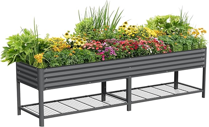 Elevated Raised Garden Bed- Jumbo Series, 2.5' x 10' Outdoor Planters Box with Legs & Storage Rack for Patio, 2000+ Lbs Weight Capacity, Raised Beds for Gardening Herbs Vegetables Flowers, Modern Gray
