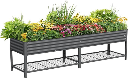 Elevated Raised Garden Bed- Jumbo Series, 2.5' x 10' Outdoor Planters Box with Legs & Storage Rack for Patio, 2000+ Lbs Weight Capacity, Raised Beds for Gardening Herbs Vegetables Flowers, Modern Gray
