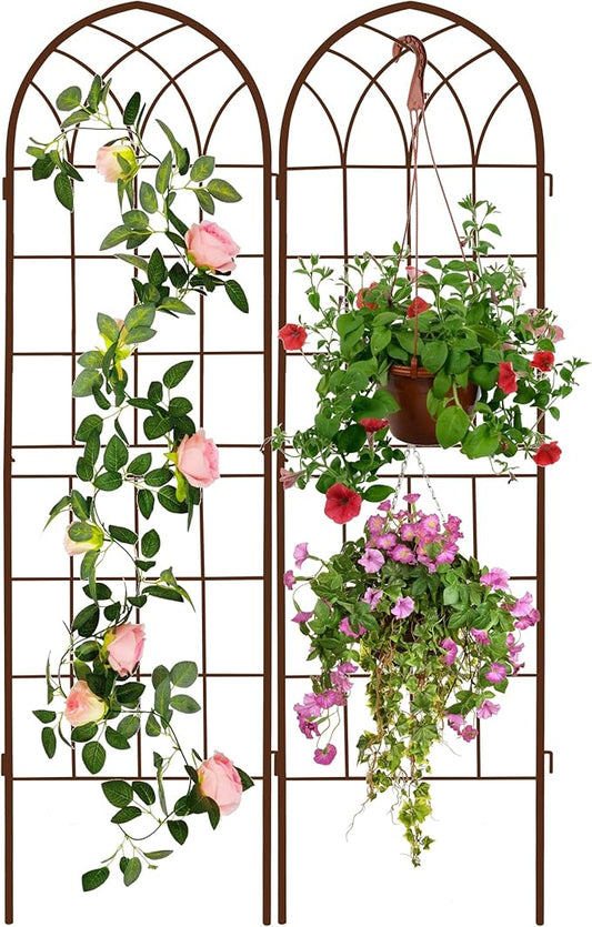 LZRS 2 Pack Rustic Iron Arch Decoration Garden Trellis with Black Metal Coating – Perfect for Supporting Climbing Plants Outdoor, Roses, Vines, Flowers, and Vegetables,Brown