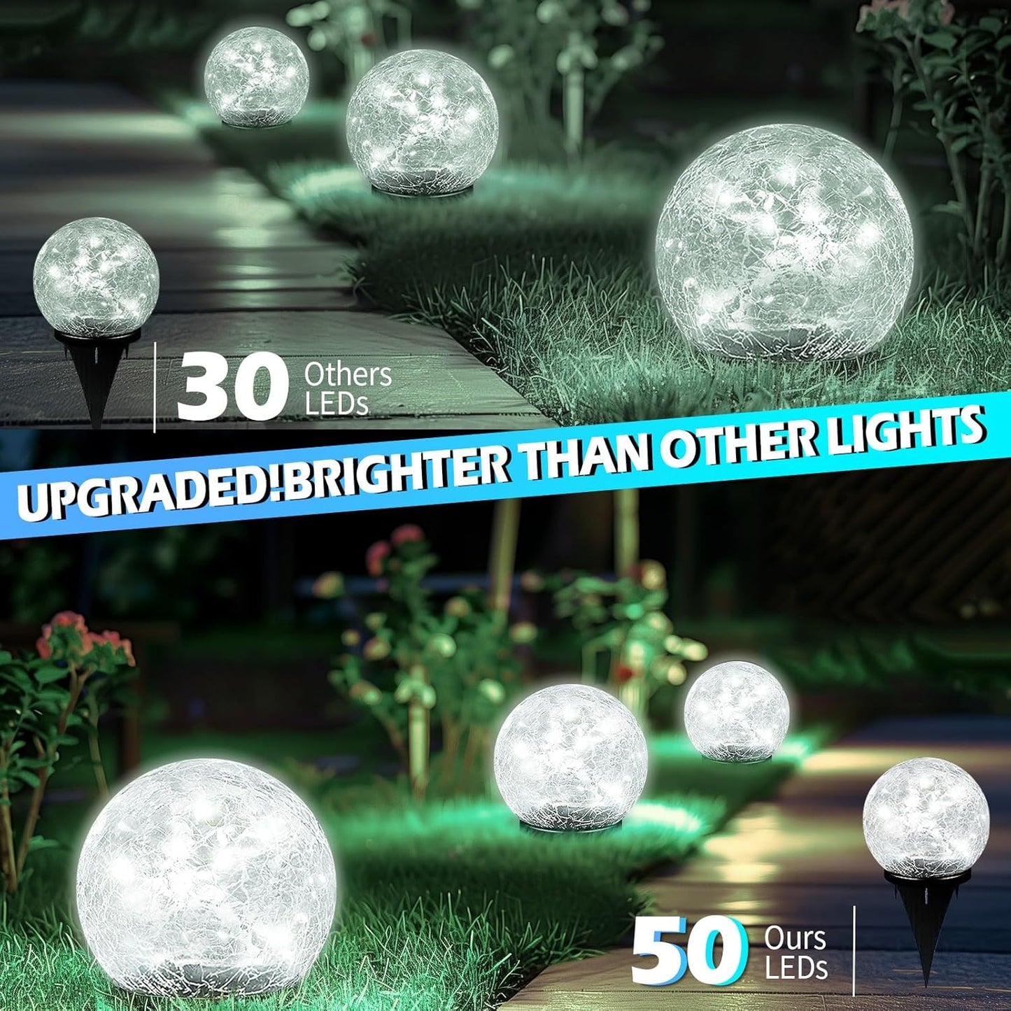 Garden Solar Ball Lights Outdoor Waterproof, 50 LED Cracked Glass Globe Power Ground for Path Yard Patio Lawn, Outdoor Decoration Landscape White (2 Pack 4.7'')