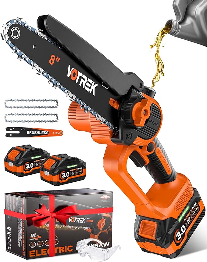 VOTREK® 8 inch Mini Chainsaw Cordless with 2x3.0AH Batteries - Powerful Brushless Electric Handheld Small Chain Saw for Wood Cutting, Tree Trimming & Branch Cutting, Auto Oiler & Tool-Free Tensioner
