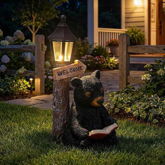 Lyeasw Garden Statues Bears, Solar Reading Bear Statue with Welcome Sign Decor, Bear Figurine Lights for Outside, Patio, Lawn, Garden Decor Birthday Housewarming for Women, Mom