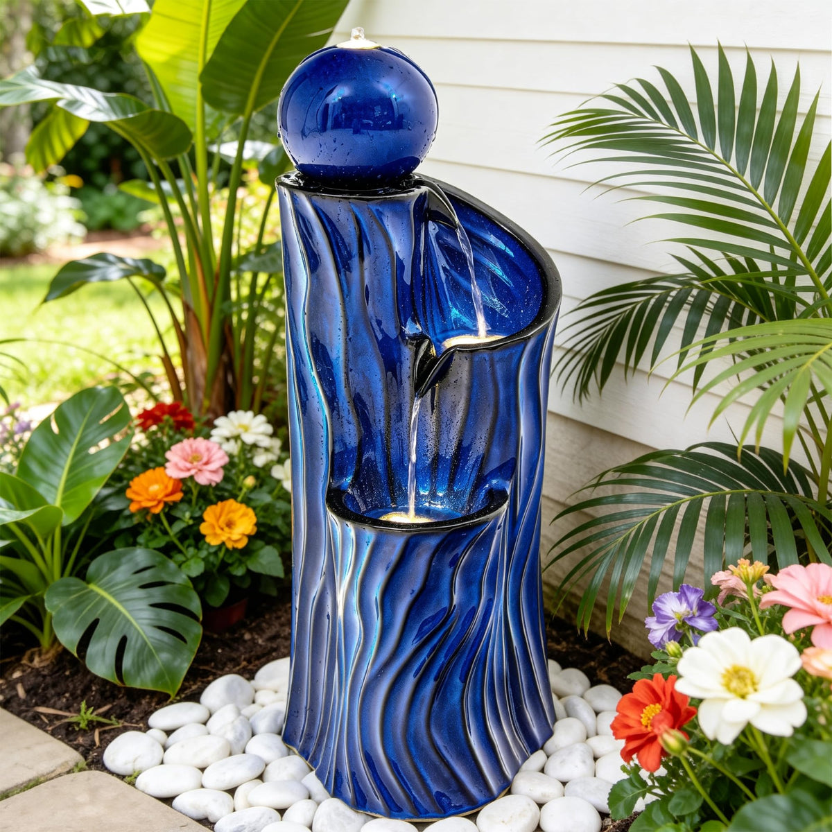 32"Ceramic 3 Tier Sphere Outdoor Water Fountain (Blue Wave Texture Cobalt 32"h-sphere)