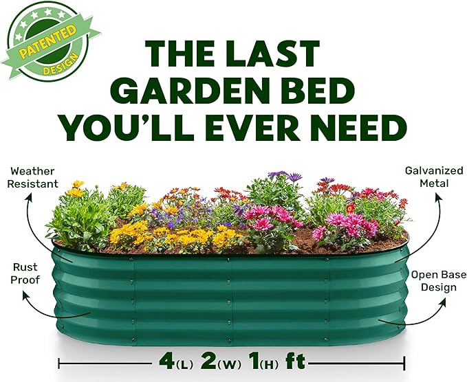 Plant & Plot Galvanized Raised Garden Beds Outdoor // 4×2×1 ft Planter Raised Beds for Gardening, Vegetables, Flowers // Large Metal Garden Box (Dark Green) // Patented Tool-Free Design
