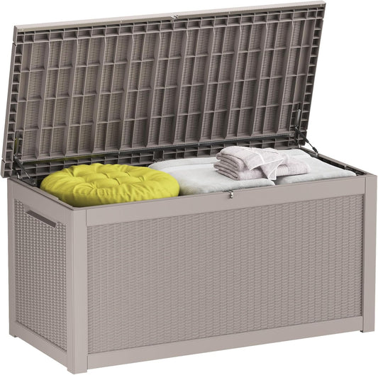 320 Gallon Deck Box, Resin Outdoor Indoor Waterproof Storage Box, Lockable Storage Box With Handle for Patio Furniture - Garden Tools - Swimming Pool Tools UV-Resistant, Brown