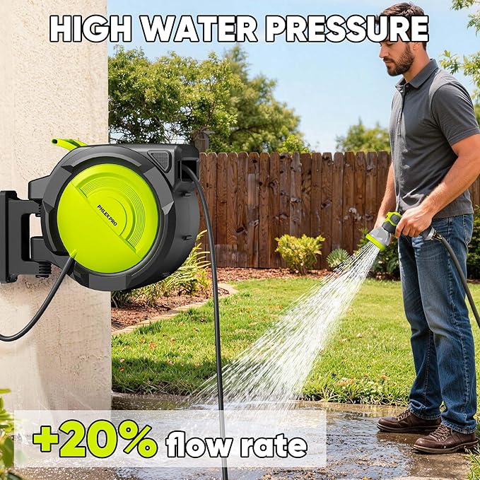 160 FT x 1/2" Retractable Garden Hose Reel - Phlexpro Heavy Duty Automatic Wall Mount Hose Reel with 3/4in Brass Fitting,10 Pattern Nozzle, Any Length Lock Slow Retraction 180° Swivel