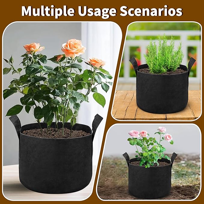 6 Pack 5 Gallon Grow Bags, Heavy Duty 300g Nonwoven Fabric Plant Pots with Reinforced Handles, Breathable Tomato Potato Vegetable Grow Bags for Garden & Patio - Black