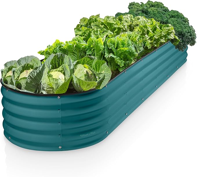 Plant & Plot Galvanized Raised Garden Beds Outdoor // 8×2×1 ft Planter Raised Beds for Gardening, Vegetables, Flowers // Large Metal Garden Box (Turquoise) // Patented Tool-Free Design