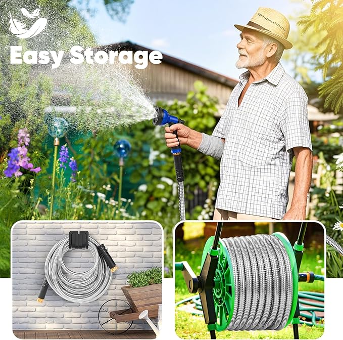 Garden Hose 50 ft, Stainless Steel Metal Hose, Flexible Water Hose with 10 Function Nozzle, Kink Free, Leak-Proof, Heavy Duty Hose for Yard, Outdoor, Lawn, RV, Car Wash and Camper Use
