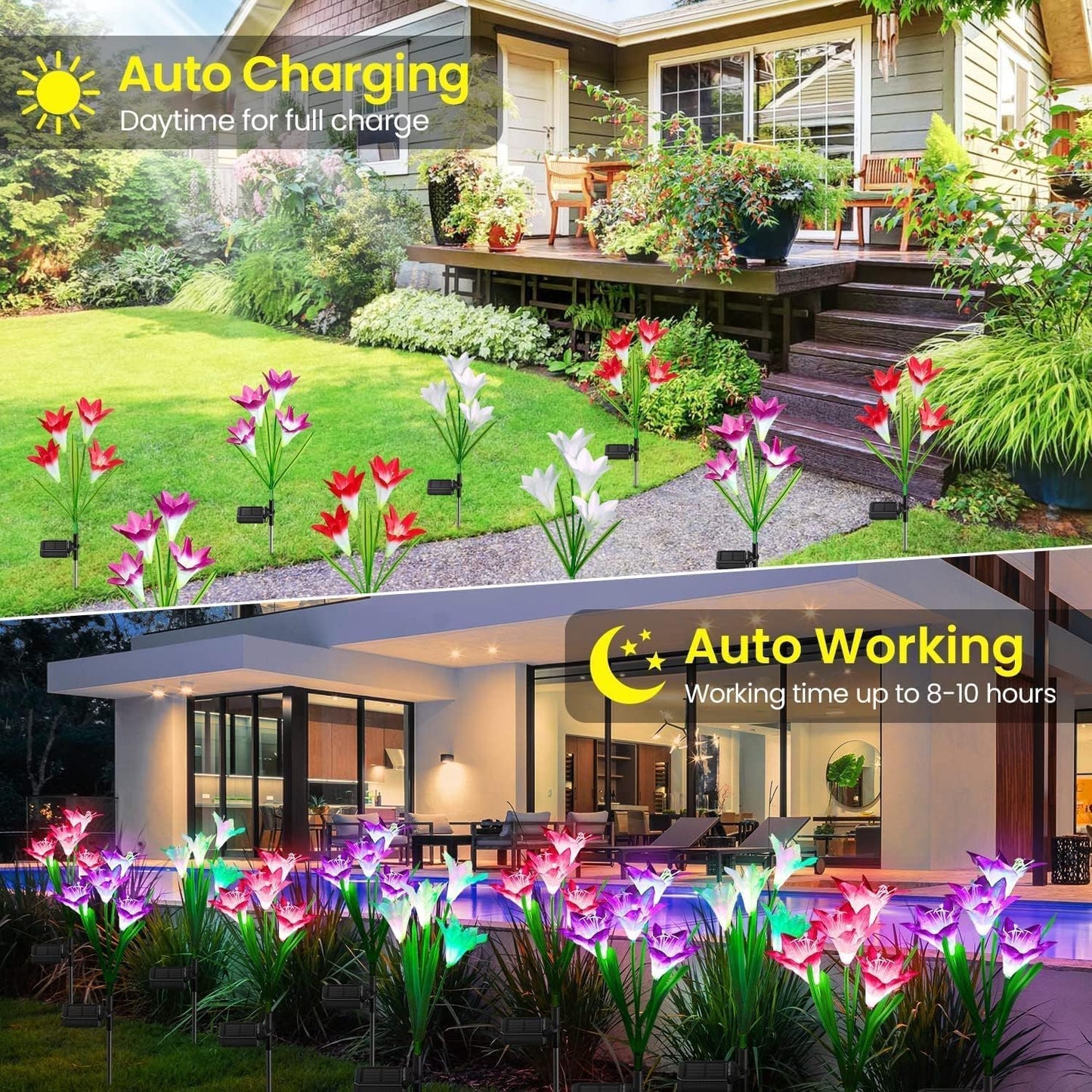 KOOPER Outdoor Solar Lights, 10 Pack Solar Garden Lights with Bigger Lily Flowers, Waterproof 7 Color Changing Solar Lights Outdoor - Bigger Solar Panel for Outdoor Patio Yard Garden Decoration