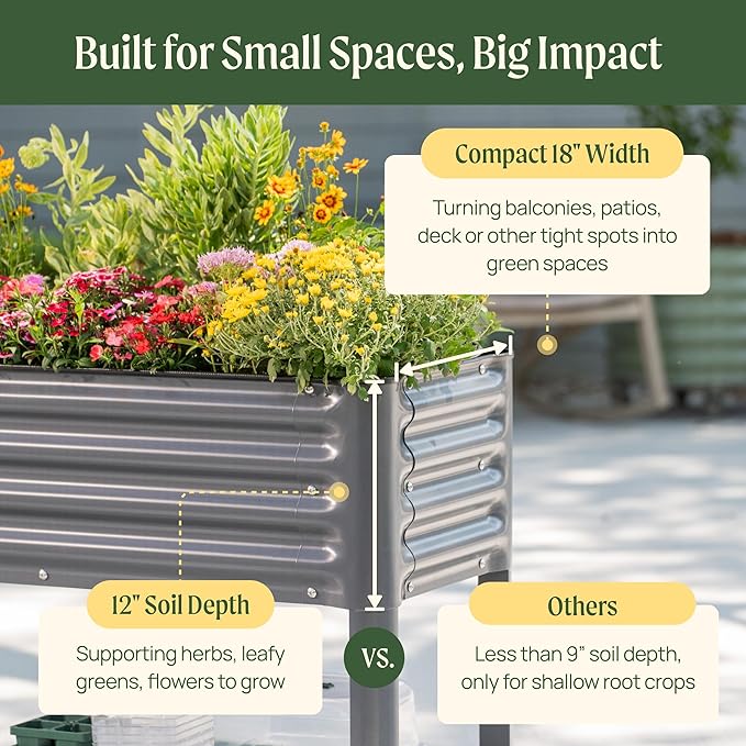 Elevated Raised Garden Bed- Slim Series, 1.5' x 5.5' Outdoor Planters Boxes with Legs & Storage Rack for Patio, 750 Lbs Weight Capacity, Raised Beds for Gardening Herbs Vegetables Flowers, Olive Green