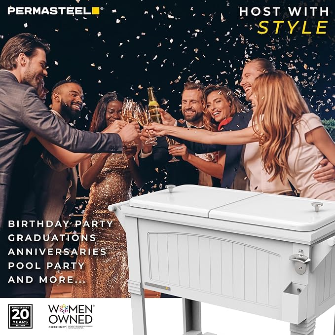 Permasteel Party Cooler with Divider, Spacious 80-Qt Capacity, Chills 36hrs, Serving Tray, Rolling Ice Chest for Indoor and Outdoor Entertainment, Matte White