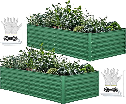 YITAHOME 8x4x2ft 2pcs Large Raised Garden Bed Kit, Galvanized Metal Planter Box with Gloves, Ground Nails & Safety Rubber, Outdoor Above Ground Planters for Plants Vegetables Flowers, Green