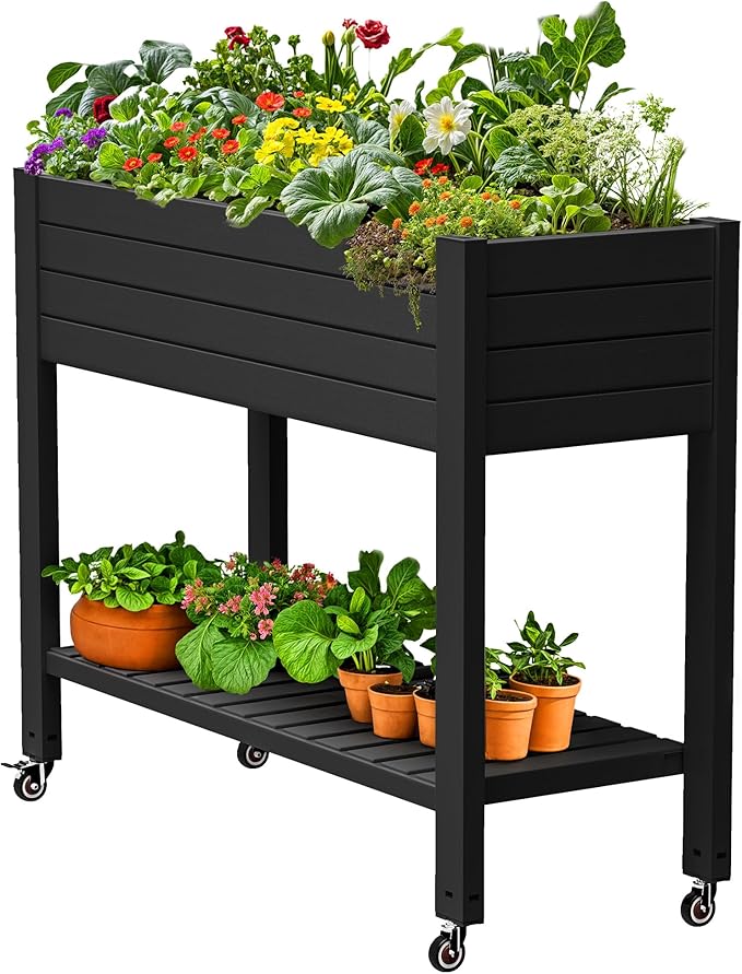 DWVO Raised Garden Bed Kit, 3.6 x 1.5 x 2.8 FT Outdoor Plastic Planter Box with Wheels and Legs, Garden Box with Drain Plug & Storage Shelf for Planting Vegetables, Flowers, and Herbs, Black
