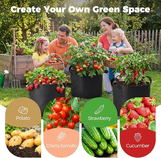 5-Pack 5 Gallon Grow Bags for Potato Tomatoes Vegetables, 5 Pack Terracotta Plant Self-Watering Stakes Spike for Outdoor Indoor Plants, 300g Heavy Duty Thickened Nonwoven Fabric Cloth Pot Planting Bag