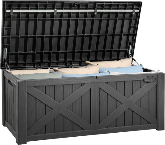 YITAHOME 120 Gallon Large Deck Box with X-Shaped Front, Resin Outdoor Storage Boxes, Waterproof Cushion Storage Bench for Patio, Pool Supplies, Garden Tools - Lockable, Dark Gray