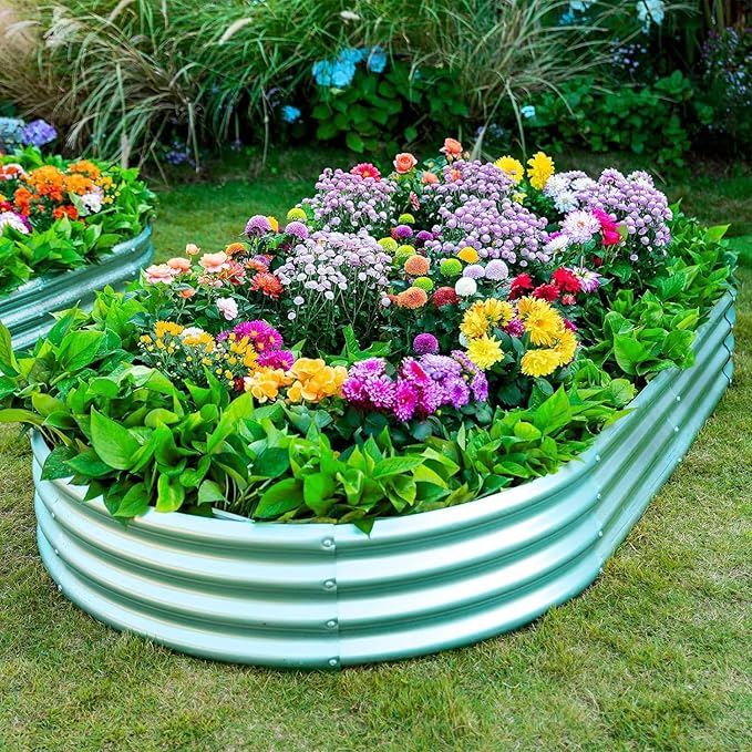 AHEONLAR 2 Pack 4x2x1ft Galvanized Raised Garden Bed Kit, Oval Large Metal Planter Box, Sturdy and Durable, Garden Boxes Outdoor Raised for Vegetables, Fruits, Flowers and Herbs(Silver)