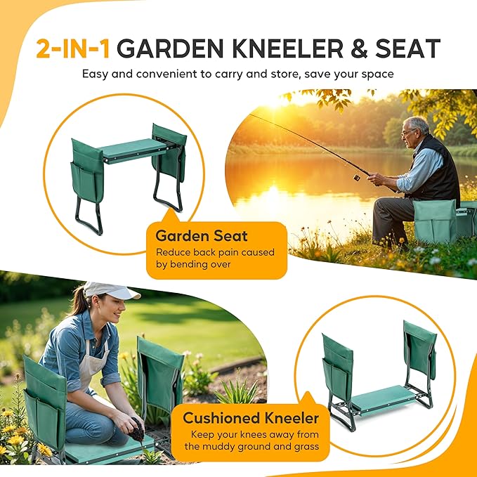 Simple Deluxe 2 Pack Garden Kneeler and Seat, Foldable Kneeling Stool with Thicker EVA Foam Pad Heavy Duty Bench, with Tool Pouch, Gifts for Outdoor Gardening, Fishing, Green, Arbor Day Gift