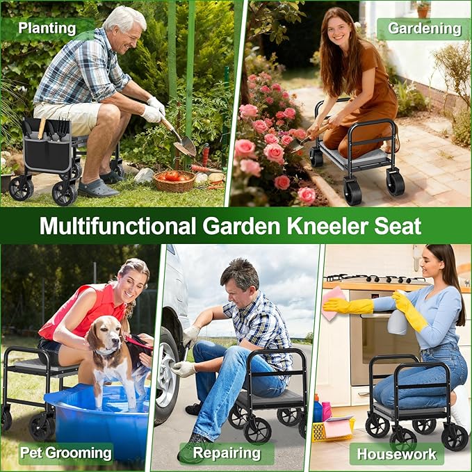NIUXX Garden Kneeler and Seat with 360° Wheels: 3-in-1 Rolling Garden Stool with Extendable Legs - Foldable Garden Seat with Thick Pad & Tool Pouches - Heavy Duty Gardening Bench for Seniors