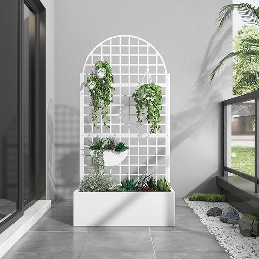 Casaphoria Metal Raised Garden Bed with Trellis and Wheels, 72"x35"x16" Arched Planter Box for Climbing Plants, Vegetables & Vines, Features Drainage Holes and Privacy Screen, White-Grid
