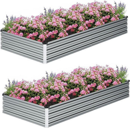 8×2×1FT(2PCS) Galvanized Raised Garden Bed Kit, Metal Planter Boxes，Large Outdoor Planters Garden for Planting Vegetables,Flowers,Herbs -Silver