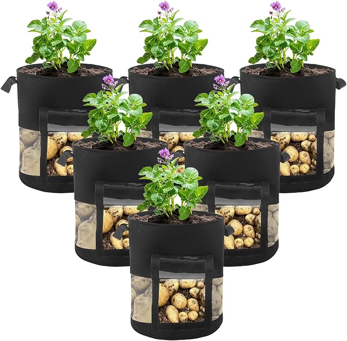 6 Pack 15 Gallon Visible Potato Grow Bags, Thickened Nonwoven Fabric Pots Potato Growing Containers with Handles & Visible Flap, Plant Grow Bags for Growing Potatoes, Tomatoes, Flowers, and Vegetables