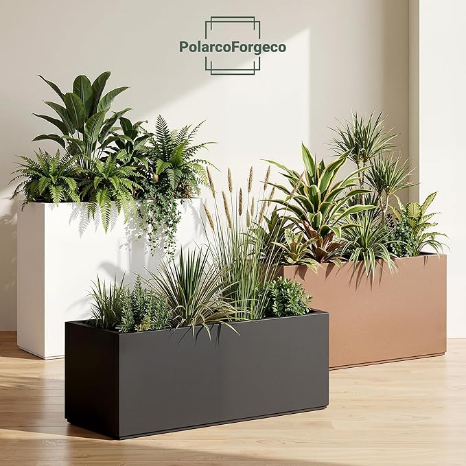 Metal Outdoor Planter Box, Rectangular Large Planters for Outdoor Plants with Drainage Holes for Patio, All-Weather Use, Rust-Resistance (38" L x 15" W x 16" H, Brown)