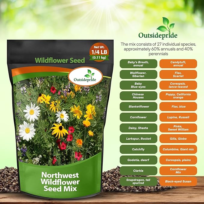 Outsidepride Northwest Wild Flower Seed Mix - 1/4 lb Premium Blend of Annual & Perennial Wildflower Seeds for Northwestern States - Ideal for Attracting Pollinators, Perfect for Garden Displays