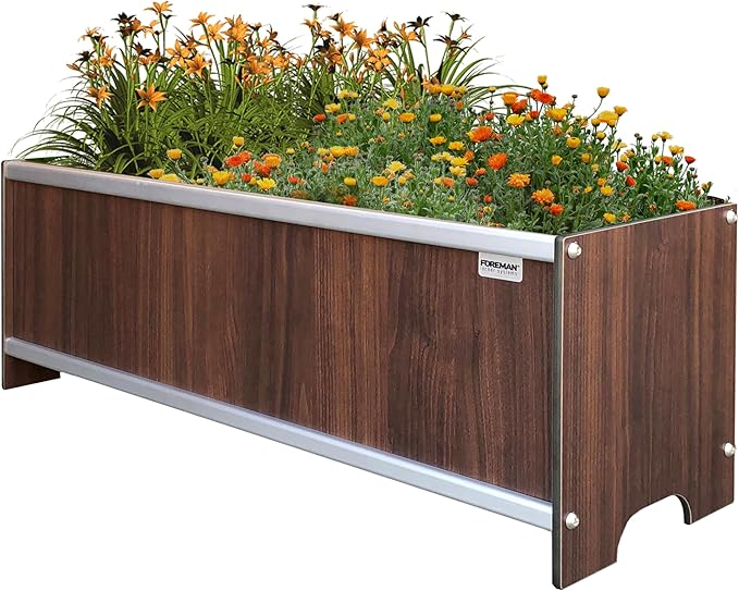 Foreman Raised Garden Bed 10 Year Warranty 36”Lx12”Wx14”H Premium Plastic Wood Grain Aluminum Frame Elevated Planter Box for Backyard Patio Balcony, Tosca