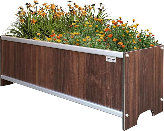 Foreman Raised Garden Bed 10 Year Warranty 36”Lx12”Wx14”H Premium Plastic Wood Grain Aluminum Frame Elevated Planter Box for Backyard Patio Balcony, Tosca