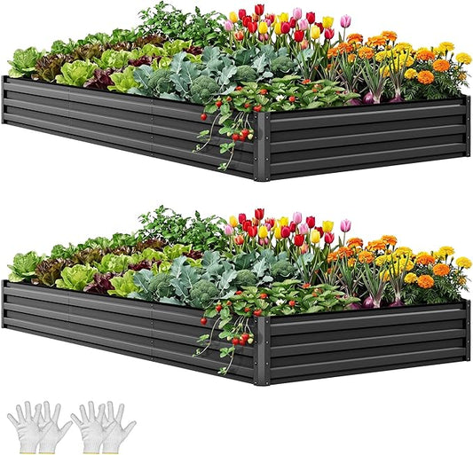 YITAHOME 8x4x1ft 2pcs Large Raised Garden Bed Kit, Galvanized Metal Planter Box with Gloves, Ground Nails & Safety Rubber, Outdoor Above Ground Planters for Plants Vegetables Flowers, Black