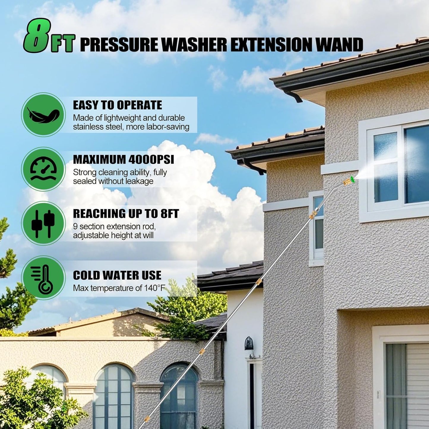 Gutter Cleaning Tools From the Ground, 9 Pack 8 FT Pressure Washer Extension Wand, Power Washer Lance With 6 Pressure Washer Spray Nozzle Tips, 30°, 90°, 120° Gutter Cleaner Curved Rod, 4000 PSI