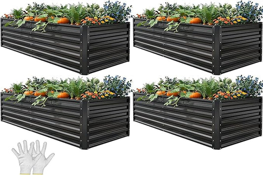 YITAHOME 6x3x2 ft 4pcs Galvanized Raised Garden Bed Kit, Large Metal Planter Box with Gloves & Support Rod, Outdoor Flower Bed for Plants Vegetables, Black