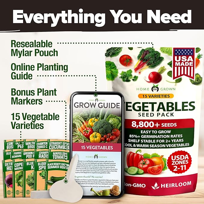 HOME GROWN Heirloom Vegetable Seeds - 15 Varieties, 7,000+ Non GMO Seeds for Planting, Complete Vegetable Garden Kit for Indoor & Outdoor Growing, Survival Seed Vault for Preppers