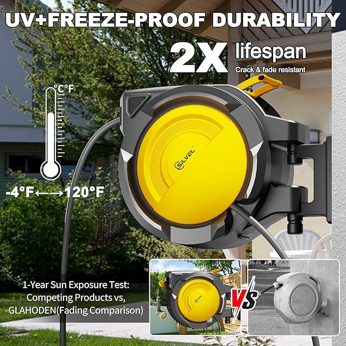 SILVEL Retractable Garden Hose Reel – 5/8 in x 110FT Heavy Duty Automatic Hose Reel Wall Mounted, UV Resistant with 10 Pattern Nozzle, Any Length Lock & Slow Return System, 180°Swivel Bracket, Yellow