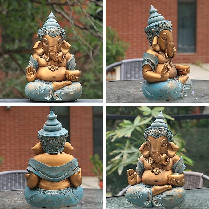 Ganesh Statue 12.6inch Outdoor Garden Ornament with Tealight Candle Holder,Resin Hindu God Buddha Art Craft Gift Decor for Home,Multi Colored