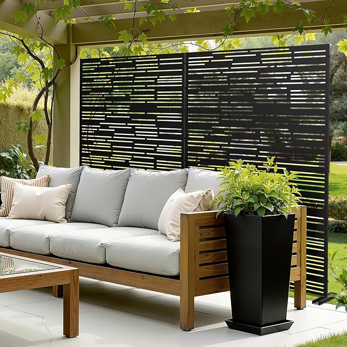 71" H×47" W Privacy Screen for Outdoor & Indoor Use, Freestanding Privacy Fences for Patio Deck Pool, Metal Privacy Screen Panels for Garden Decor (Black Shine, 3 Panels)