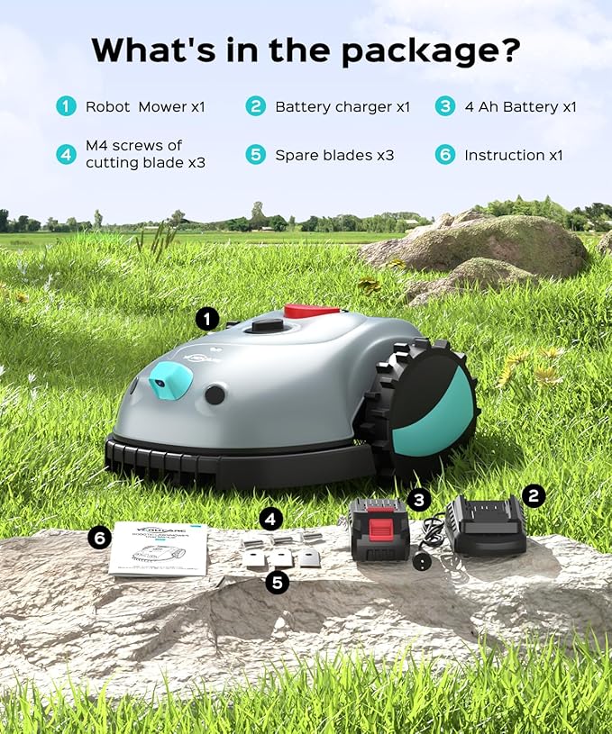 V100 Robotic Lawn Mower – Visual Navigation & Smart Obstacle Avoidance, Adjustable Cutting Height 0.8–2.4 in, Low-Noise Auto Mowing for Small Lawns up to 1,600 sq ft