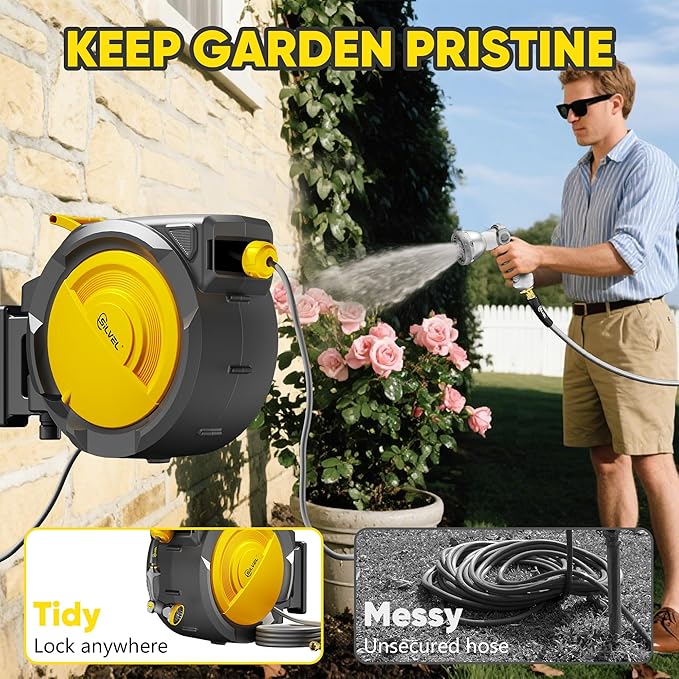 SILVEL Retractable Garden Hose Reel – 5/8 in x 110FT Heavy Duty Automatic Hose Reel Wall Mounted, UV Resistant with 10 Pattern Nozzle, Any Length Lock & Slow Return System, 180°Swivel Bracket, Yellow