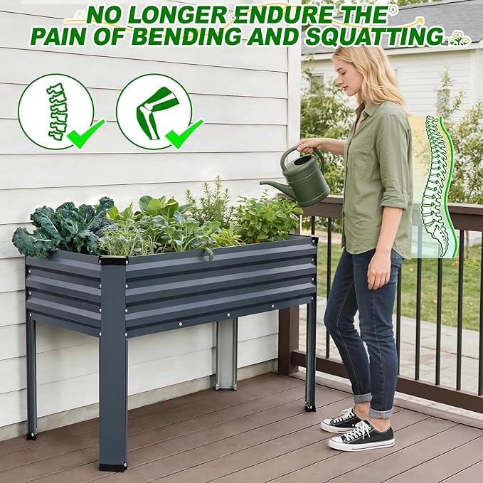 Galvanized Raised Garden Bed with Legs 2 Pack, 48x24x32in Elevated Raised Garden Bed Outdoor with Drainage Holes, Planter Boxes for Gardening Vegetable Flower Fruit in Backyard, Patio, Balcony (Grey)