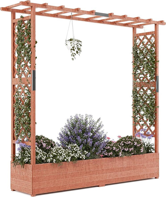 GarveeLife Raised Garden Bed with Trellis, 72 in Wood Planter Box with Side Trellis, Hanging Roof, and 4 Drainage Holes, Freestanding Elevated Garden Bed for Climbing Plants, Vines, Flowers