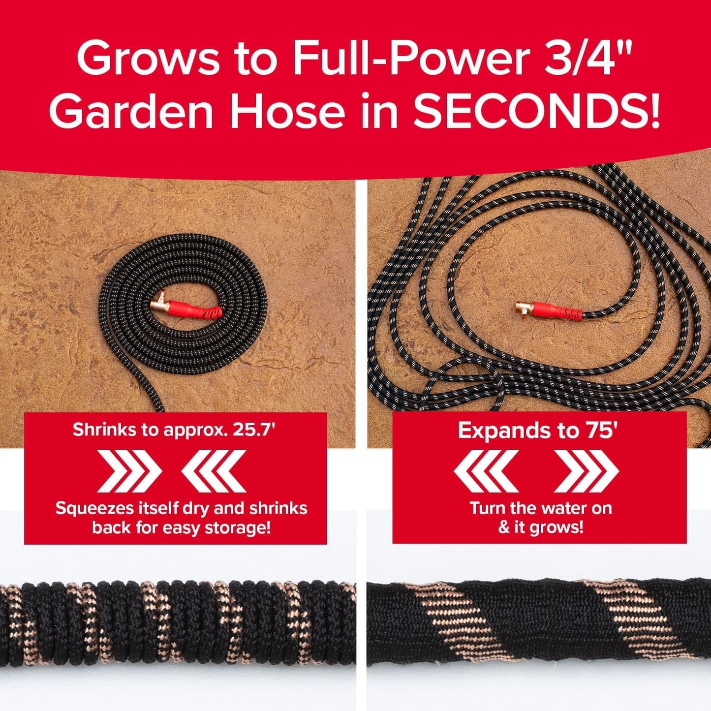 Pocket Hose Copper Head UV w/Pocket Pivot, Expandable Garden Hose 75 FT w/10 Pattern Thumb Sprayer AS-SEEN-ON-TV 650psi 3/4in Ultra-Light Solid Copper Anodized Aluminum Fittings No-Kink No-Lead