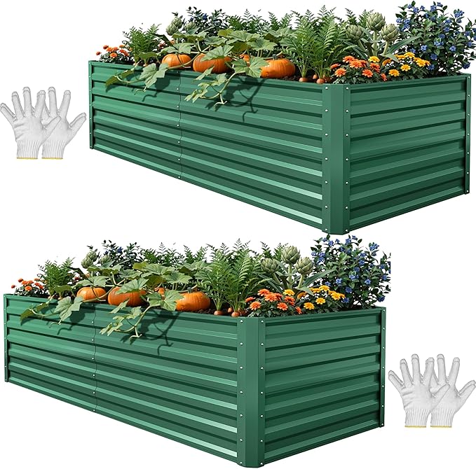 YITAHOME 6x3x2ft 2pcs Large Raised Garden Bed Kit, Galvanized Metal Planter Box with Gloves, Ground Nails, Support Rod, Outdoor Above Ground Planters for Plants Vegetables Flowers, Green