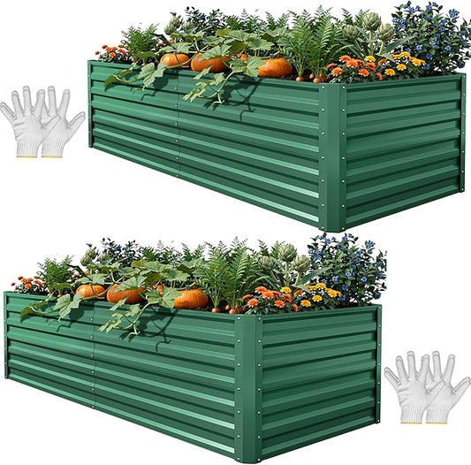YITAHOME 6x3x2ft 2pcs Large Raised Garden Bed Kit, Galvanized Metal Planter Box with Gloves, Ground Nails, Support Rod, Outdoor Above Ground Planters for Plants Vegetables Flowers, Green