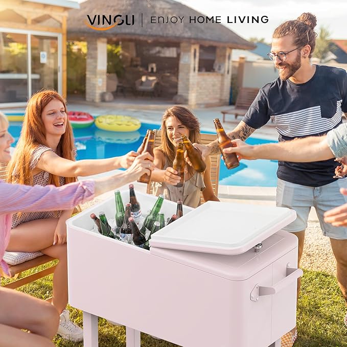 VINGLI 80 Quart Rolling Ice Chest, Portable Patio Party Bar Drink Cooler Cart, with Shelf, Beverage Pool with Bottle Opener
