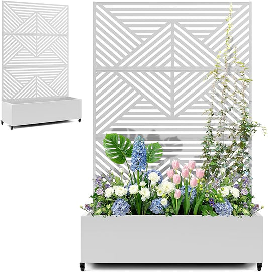 Standing Metal Planter Box with Trellis and Wheels for Climbing Plants, Raised Garden Beds with Drainage Holes, 47" L×16" W×71" H Privacy Boxes with Trellis (White Zodiac)